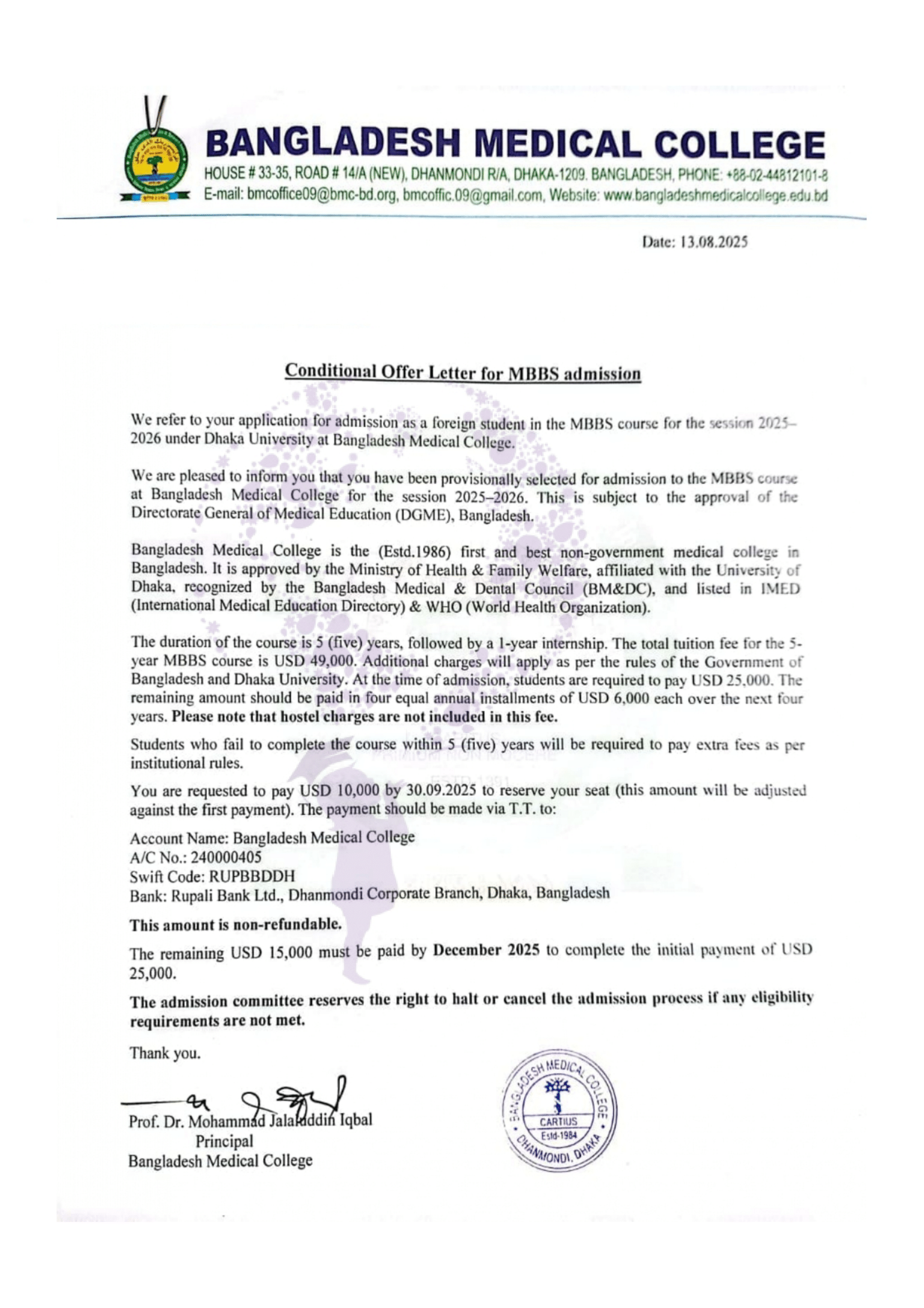 Bangladesh Medical College – Offer Letter