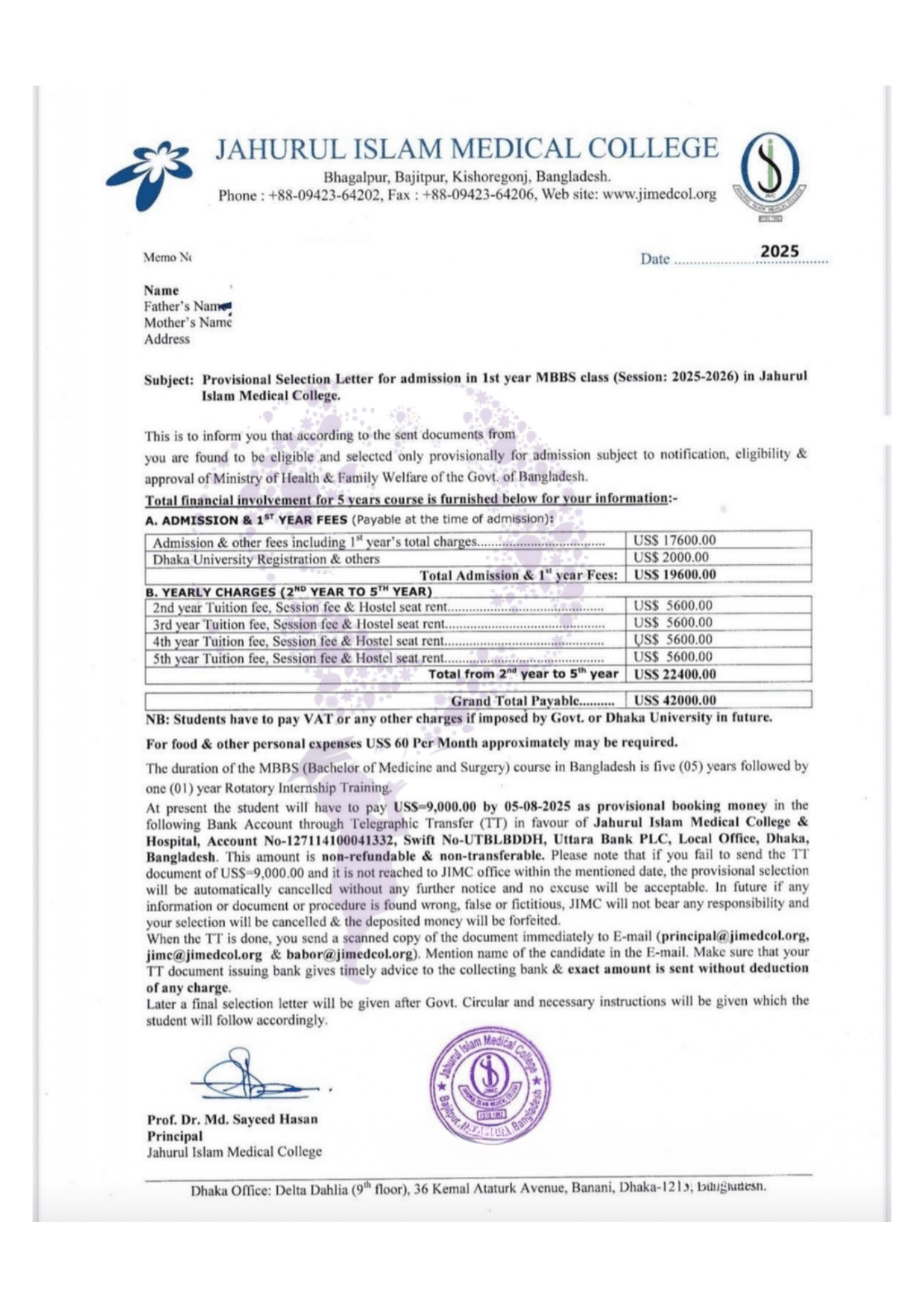 Jahurul Islam Medical College – Offer Letter